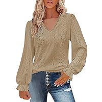 XJYIOEWT Women Shirts with Slits On The Side Womens Lace V Neck Puff Long Sleeve Eyelet Tops Dressy Business Casual Wor