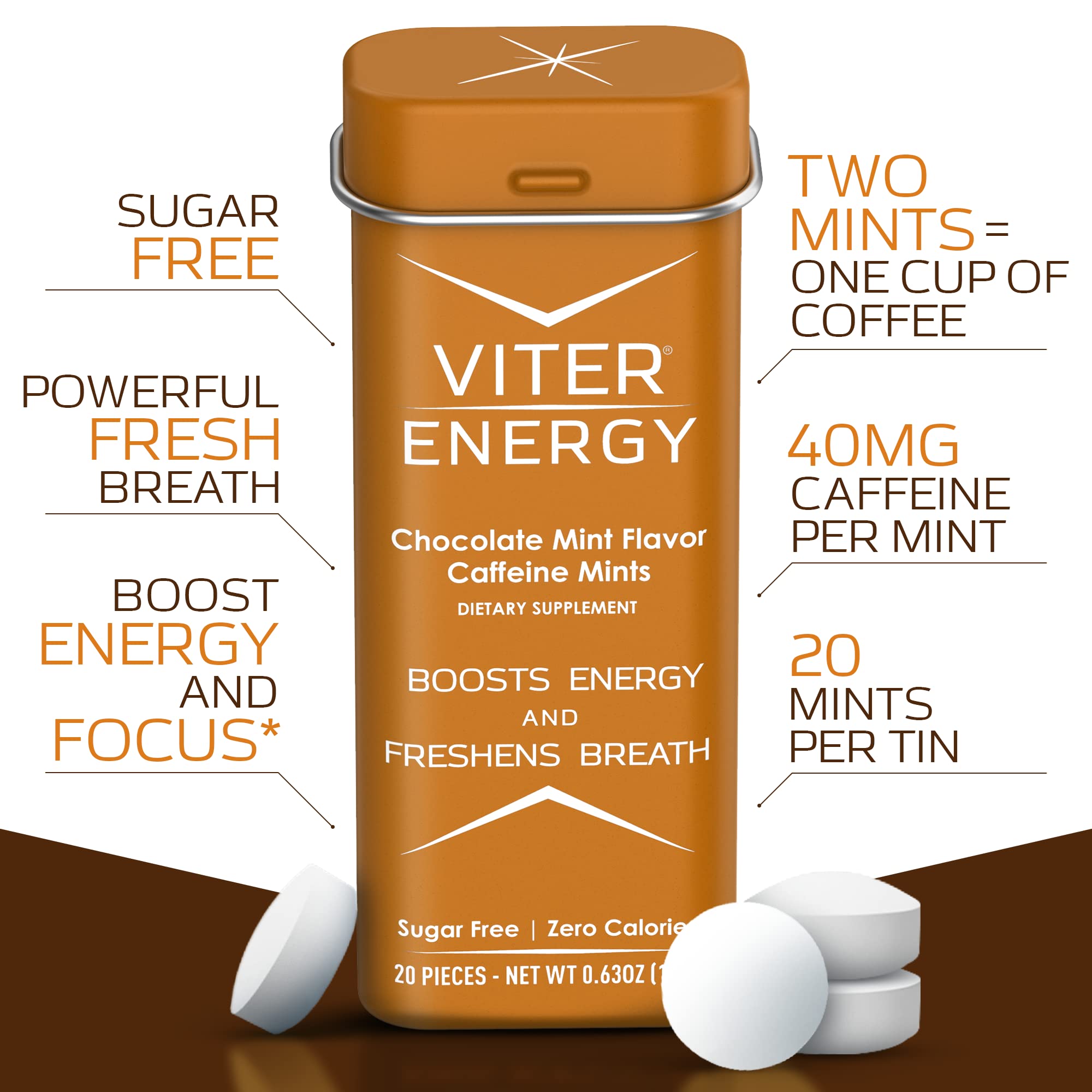Viter Energy Original Caffeine Mints Chocolate Mint Flavor 6 Pack and 1/2 Pound Bulk Bag Bundle - 40mg Caffeine, B Vitamins, Sugar Free, Vegan, Powerful Energy Booster for Focus and Alertness