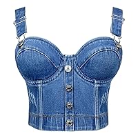 Women's Denim Tank Top Corset Bustier Blue Jean Crop Top Bra Streetwear Cami Detachable Straps Push Up Vest, XL Size (Buttons)