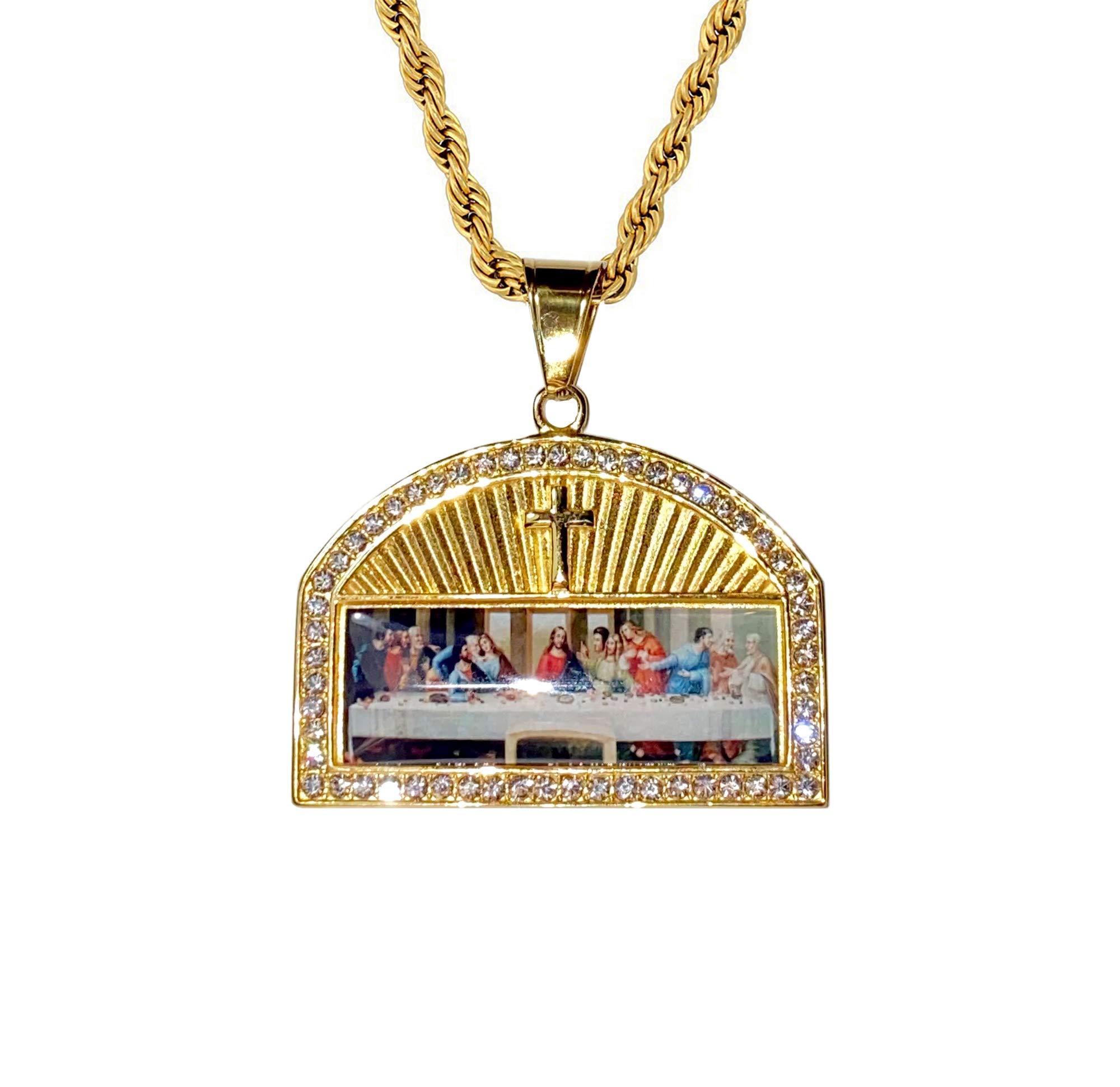 Men Women 925 Italy 14k Gold Finish Iced Big Last Supper of Jesus with His Disciples Pendant Necklace Necklace Punk Retro Vintage Style Bull Head Pendant Stainless Steel Real 2.5 mm Rope Chain Necklace, Men's Jewelry, Family Dinner Chain Pendant Rope Neck