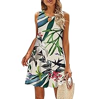 Boho Sundresses for Women Sun Dresses for Women Casual Hawaii Print Fashion Sexy Slim Fit with Sleeveless Halter Kehole Neck Summer Dress Green X-Large