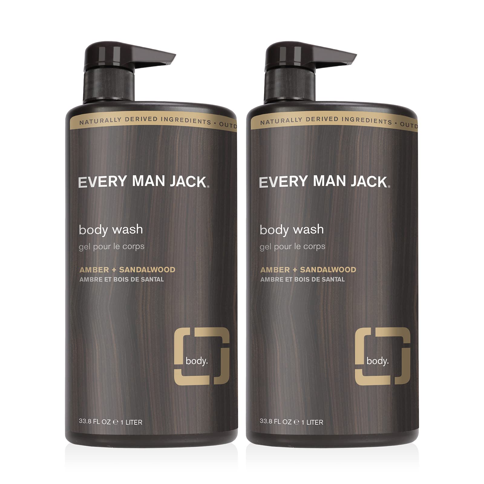 Every Man Jack Men’s Body Wash + Deodorant Set - Cleanse All Skin Types and Fight Odors with Naturally Derived Ingredients and Amber + Sandalwood Scent - Liter Body Wash Twin Pack + Deo Twin Pack