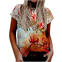 Women's Summer Colorful Short Sleeve Casual Blouses Fashion Crew Neck Tunic Pullover Basic Print T-Shirt Shift Tops