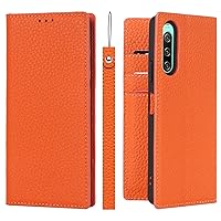 Genuine Leather Case for Sony Xperia 5 IV,Premium Lychee Texture Wallet Case Flip Card Slot Magnetic Stand Wrist Strap Drop Protection Folio Cover,Orange