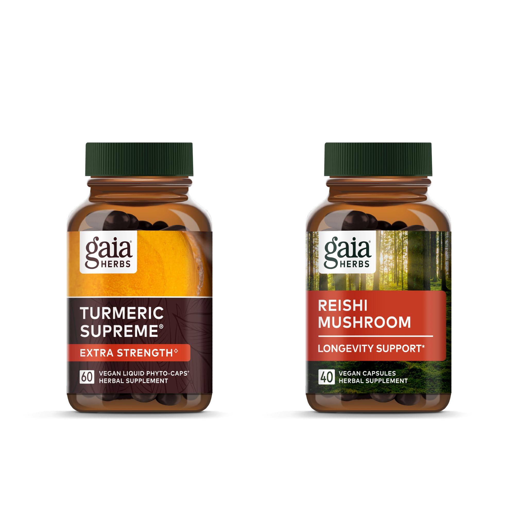 Gaia Herbs Turmeric Supreme Extra Strength - 60 Vegan Liquid Phyto-Capsules & Reishi Mushroom - Immune System & Supports Heart Health - 40 Vegan Liquid Phyto-Capsules (2 Pack)