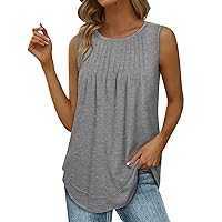 Women's Tank Tops Sleeveless Tunic Pleated Crewneck Blouses Summer Dressy Casual Loose Curved Hem Flowy T Shirts