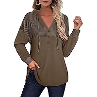 Unixseque Women's Long Sleeve Hooded Tunic Tops V Neck Button Pullover Hoodie Sweatshirts
