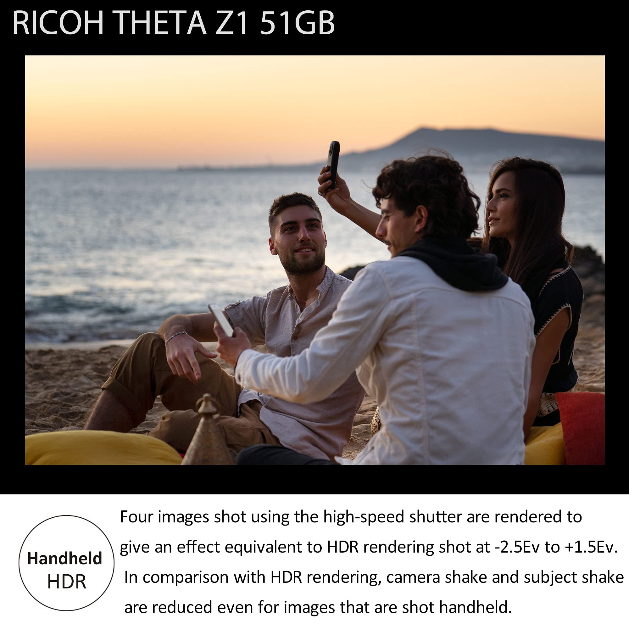 RICOH THETA Z1 51GB Black 360° camera, two 1.0-inch back-illuminated CMOS sensors, increased 51GB internal memory, 23MP images, 4K video with image stabilization, HDR, High-speed wireless transfer