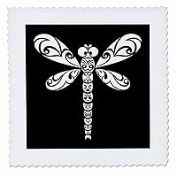 3dRose Dragonfly White Tribal Tattoo Style Art On Black - Quilt Squares (qs_355580_2)