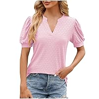 Womens Eyelet Tops Dressy Casual Business Blouses Notch V Neck Puff Sleeve Summer Tee Fashion Office Clothes for Work