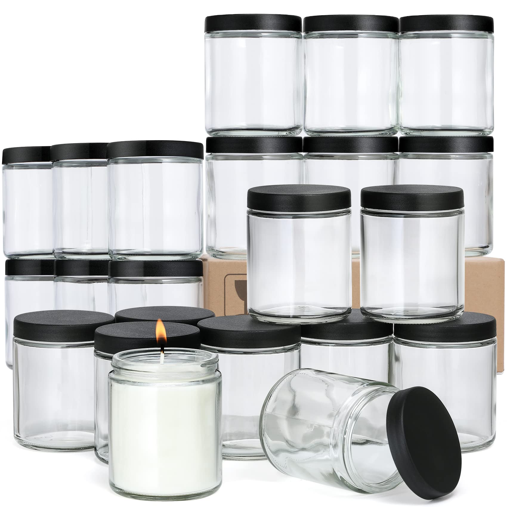 24 Pack, 8 OZ Thick Glass Jars with Lids, Clear Round Candle Making Jars - Empty Food Storage Containers, Mason Canning Jar For Spice, Powder, Liqu...