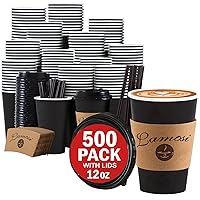 Lamosi 12OZ 500 Pack Coffee Cups, 12 Ounce To Go Cups with Lids, Stir Sticks and Sleeves, Disposable Coffee Cups, 12 Ounce Black Hot Paper Cups for Home, Travel, Office