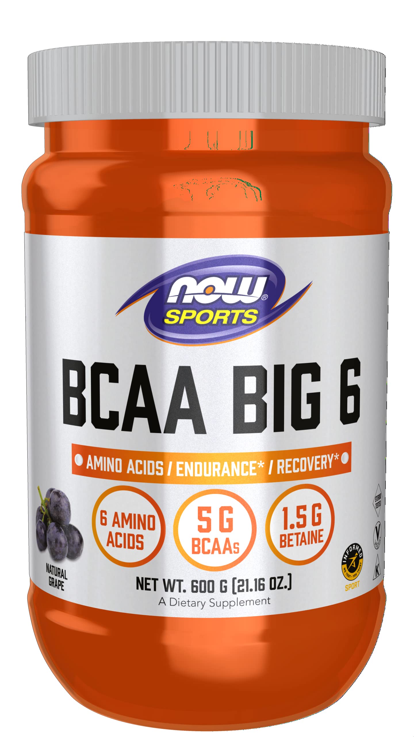 NOW Sports Nutrition, BCAA (Branched Chain Amino Acids) Big 6, Grape Flavor, 600 Grams