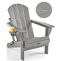 Folding Adirondack Chair Wood Texture, Patio Chair Weather Resistant, Plastic Fire Pit Chair with Cup Holder, for Lawn Outdoor Porch Garden Backyard Deck (Grey)