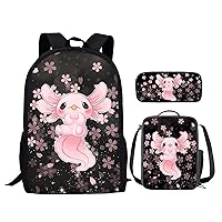 Cute Axolotl Backpack for Girls School Bag Cherry Blossom Bookbag with Lunchbox Pencil Case 3 IN 1 Kids School Backpacks Elementary Primary Preschool Back Pack
