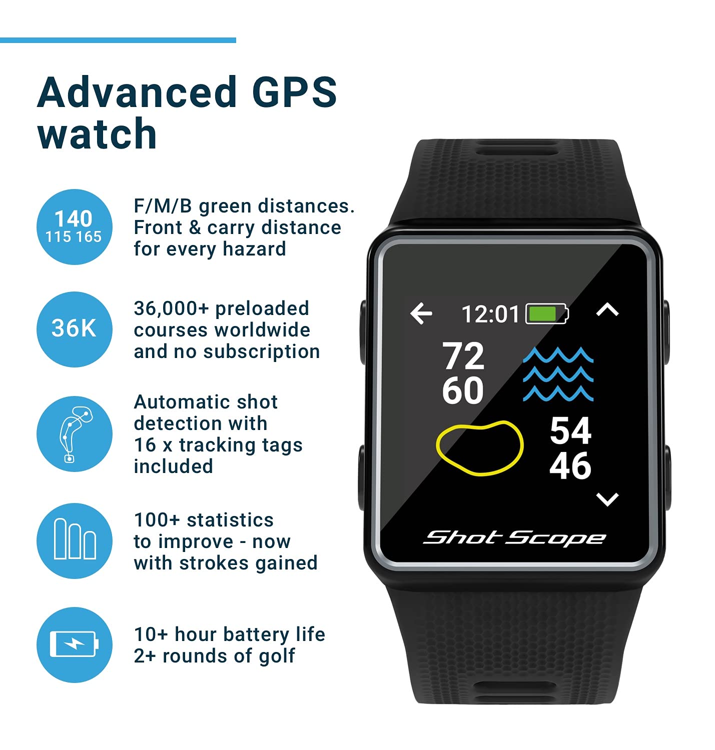 Shot Scope V3 GPS Golf Watch - Automatic Shot Tracking - F/M/B + Hazard Distances - Strokes Gained - iOS and Android Apps - 100+ Statistics, 36,000+ Pre-Loaded Worldwide Courses - No Subscriptions