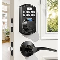 Fingerprint Door Lock with 2 Lever Handles - Keyless Entry Door Lock, Electronic Keypad Deadbolt & Front Door Lock Handle Sets, Auto Lock & 1 Touch Locking, Easy Installation, Matte Black