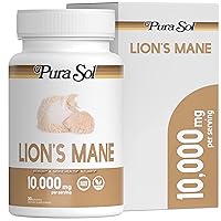 Pura Sol Lion’s Mane Mushroom Capsules 10,000 mg - 10:1 Hericium Powder Extract Supplement- Focus, Clarity and Cognition Supplement