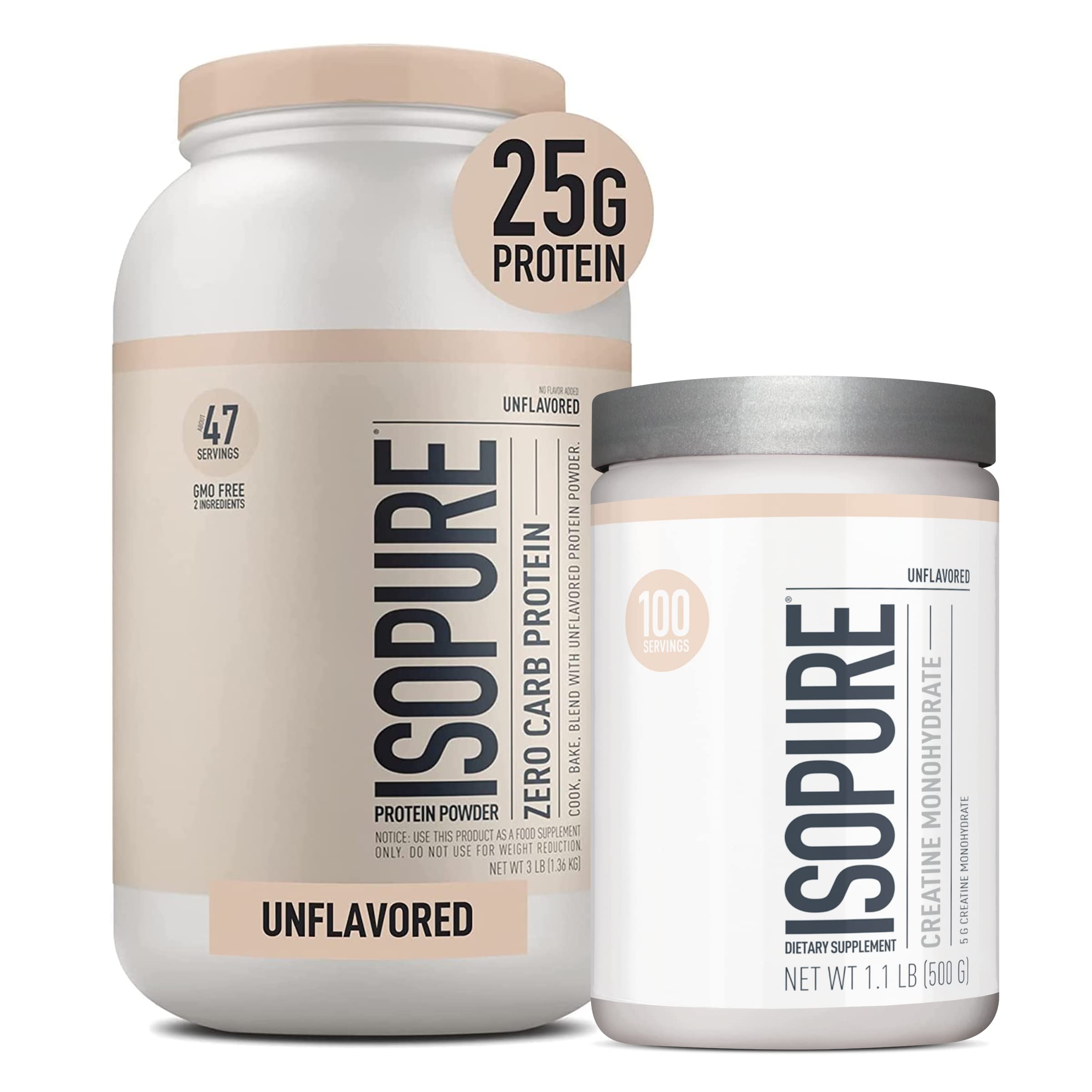 Isopure Unflavored Bundle Unflavored Whey Protein Isolate (47 Servings) Unflavored Creatine Monohydrate (100 Servings)