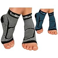 TechWare Pro Ankle Brace Compression Sleeve - Relieves Achilles Tendonitis, Joint Pain. Plantar Fasciitis Sock with Foot Arch Support. 2 Pair Bundle Black & Blue L/XL Size