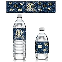Navy Blue and Gold Happy Birthday Party Water Bottle Labels - 24 Waterproof Stickers (80th Birthday)