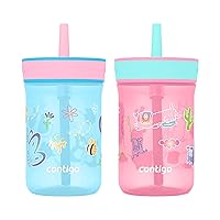Contigo Leighton Kids Plastic Water Bottle, Spill-Proof Tumbler with Straw for Kids, Dishwasher Safe, 14oz 2-Pack, Blue Raspberry/Butterflies & Azalea/Llamas