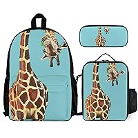 Wild Animal Giraffe Backpack 3PCs Set Print Laptop Backpack with Pen Case and Travel Lunch Bag