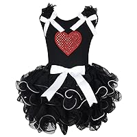Valentine Dress Red Sequin Heart Black Shirt White Bow Petal Skirt Set 1-8y