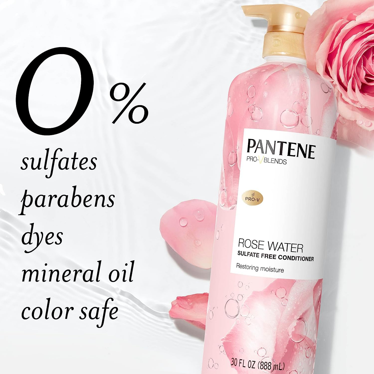 Pantene Rose Water Conditioner, Soothes, Replenishes Hydration, Safe for Color Treated Hair, Nutrient Infused with Vitamin B5 and Antioxidants, Pro-V Blends, 30.0 oz