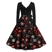 Women's Dresses for Wedding Guest Fashion Christmas Printed V-Neck Long Sleeve Vintage Casual Dresses, S-2XL