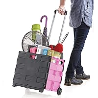 Inspired Living Ultra-Slim Rolling Collapsible Storage Pack-N-Roll Utility-carts, with Telescopic Handle, for Home, Garden, Shopping, Office, School use, Medium, Pink & Black