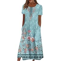Mother's Day Wedding Classic Tunic Dress Women Plus Size Short Sleeve Crew Neck Cotton for Women Comfort Turquoise M