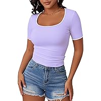 YATHON Women's Short Sleeve Color Block T Shirts Y2K Tops for Summer Slim Fitted Ribbed Knit Square Neck Basic Casual Blouses