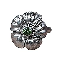 NOVICA Artisan Handcrafted Peridot Flower Ring Balinese .925 Sterling Silver Green Single Stone Cocktail Indonesia Cypress Desert Sage Dried Herb Floral Birthstone 'Hibiscus'