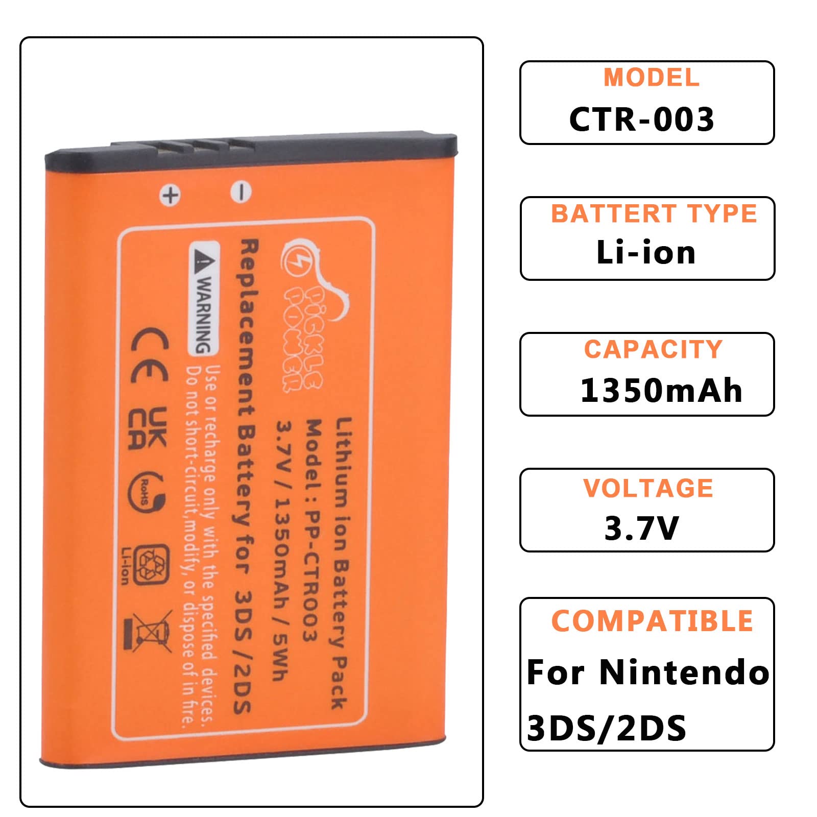 Pickle Power 3DS Battery, 1350mAh CTR-003 Battery for Nintendo 3DS, 2DS XL, 2DS Game Console with Tool Kit (Not for New 3DS and 3DS XL)