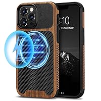 TENDLIN Magnetic Case Compatible with iPhone 13 Pro Max Case Wood Grain with Carbon Fiber Texture Design Leather Hybrid Slim Case (Compatible with MagSafe) Black