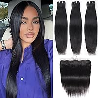 Straight Bundles with 13x4 Lace Frontal 14/16/18+12 Inch Brazilian Human Hair 3 Bundles with Frontal 180% Density Unprocessed Straight Virgin Hair Closure with Bundles Natural Color