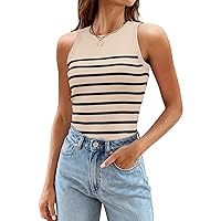 MEROKEETY Women's Ribbed Knit Tank Top 2024 Summer Casual High Neck Striped Sleeveless Shirts