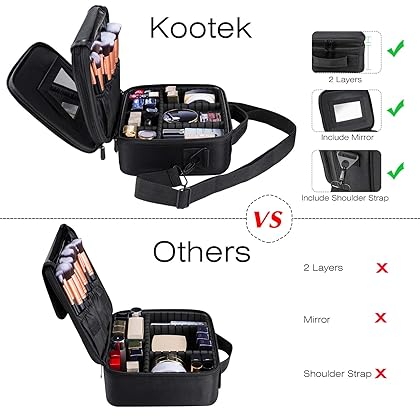 Kootek 2-Layers Travel Makeup Bag, Portable Train Cosmetic Case Organizer with Mirror Shoulder Strap Adjustable Dividers for Cosmetics Makeup Brushes Toiletry Jewelry Digital Accessories