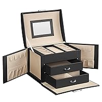 SONGMICS 3-Tier Jewelry Box, Travel Jewelry Case with Handle, 2 Drawers, Lockable Jewelry Organizer with Mirror, Jewelry Storage, Modern Style, Gift for Loved Ones, Black UJBC154B01