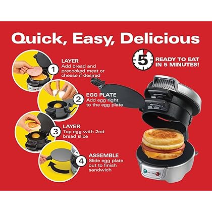 Hamilton Beach Breakfast Sandwich Maker with Egg Cooker Ring, Customize Ingredients, Perfect for English Muffins, Croissants, Mini Waffles, Perfect White Elephant Gifts, Silver (25475A) Discontinued