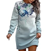 Women's Fashion Autumn and Winter Print Color Contrast Long Sleeved Round Neck Sweatshirt Dress Simple Midi Dresses
