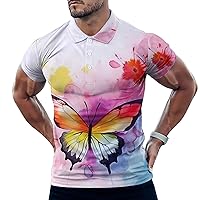 Watercolor Butterfly Mens Polo Shirts Casual Short Sleeve T Shirt Regular Fit Golf Shirts Funny Printed