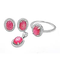 Natural Red Ruby Cabochon Gemstone Ring Earring Pendant Women Jewelry Set In 925 Sterling Silver July Birthstone Ruby Jewelry Set Birthday Gift For Wife