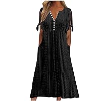 Ladies Crochet Summer Dresses Casual Sundress for Women Solid V Neck Short Sleeve Midi Dress Knee Length Pocket Dress