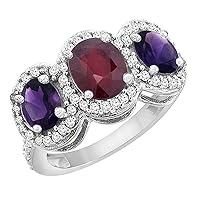PIERA 10K White Gold Natural Quality Ruby & Amethyst 3-stone Mothers Ring Oval Diamond Accent, size 5-10