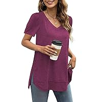 JomeDesign Summer Tops for Women Short Sleeve V Neck Shirts Side Split Loose Casual Tunic Tops