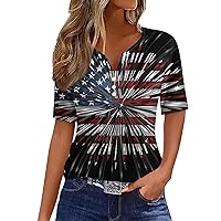 4th of July T Shirt American Flag V-Neck for Women,American Flag Patriotic Button Shirts Women 4Th of July Shirts Short Sleeve Stars Stripe V Neck Red and Blue Tops Patriotic Shirts for Women