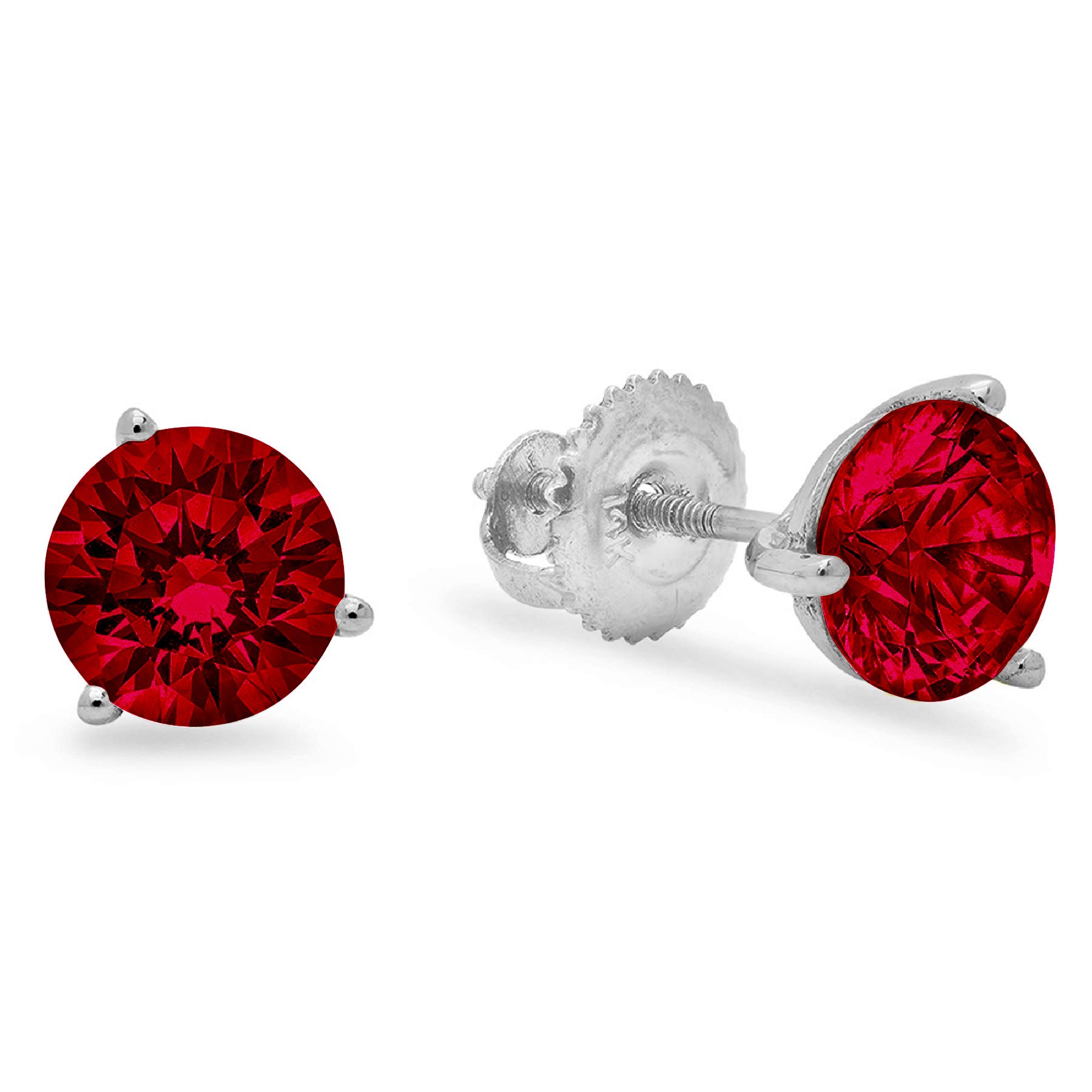 2.0 ct Round Cut Solitaire Natural Deep Pomegranate Dark Red Garnet gemstone Designer 3 prong Stud Martini Earrings Solid 14k White Gold Screw Back Clara Pucci