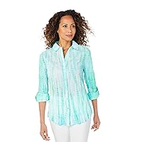 Foxcroft Women's Zoey Long Sleeve with Roll Tab Turquoise Tie Dye Blouse